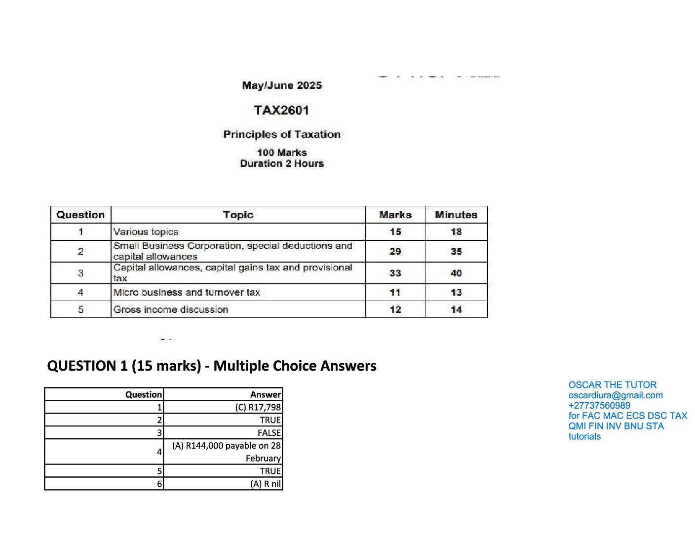 TAX2601 SEM 1 OF 2025 EXAM EXPECTED SOLUTIONS(5.29.2025)(8-10AM) WITH EXCEL