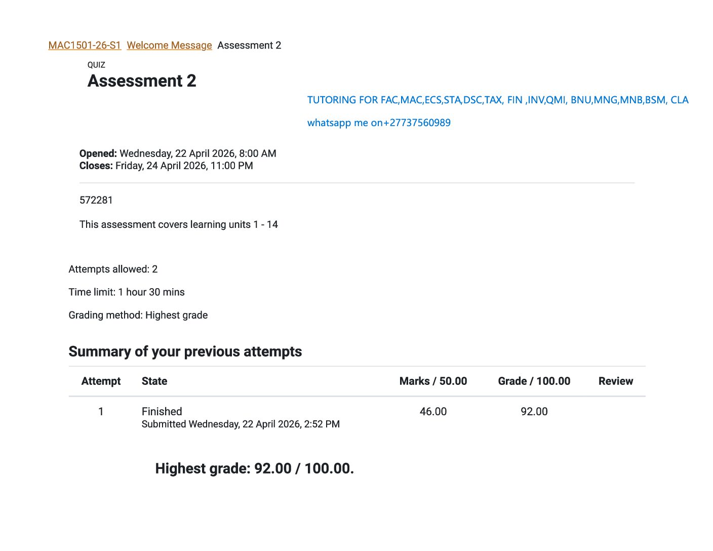 MAC1501 ASSESSMENT 2 SEM 1 OF 2026 EXPECTED QUESTIONS AND ANSWERS