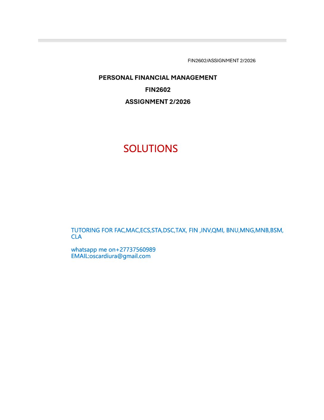 FIN2602ASSESSMENT 2 SEM 1 OF 2026 EXPECTED SOLUTIONS