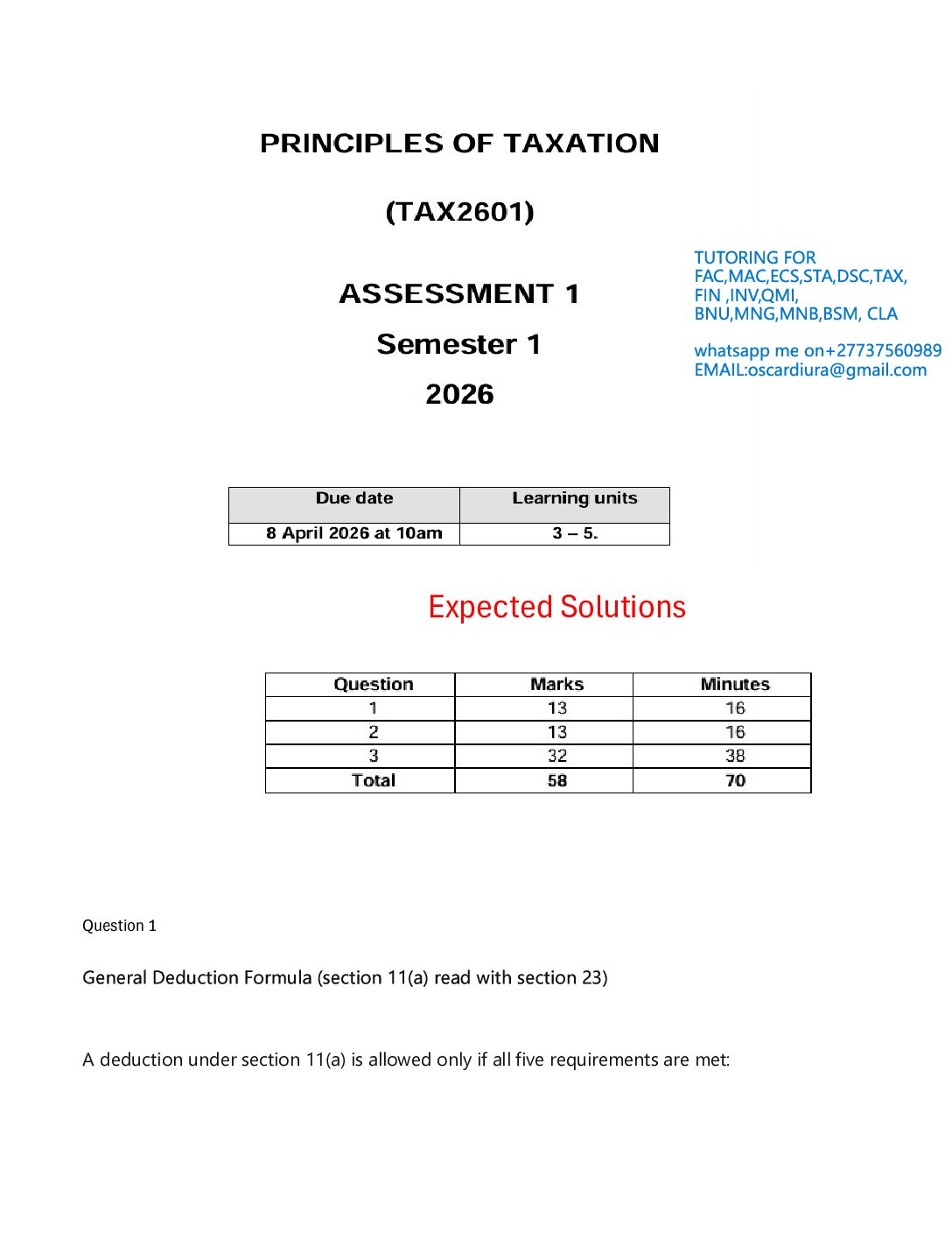 TAX2601 ASSESSMENT 1 SEM 1 OF 2026 XPECTED ANSWERS(DUE 8 April 2026 at 10am )